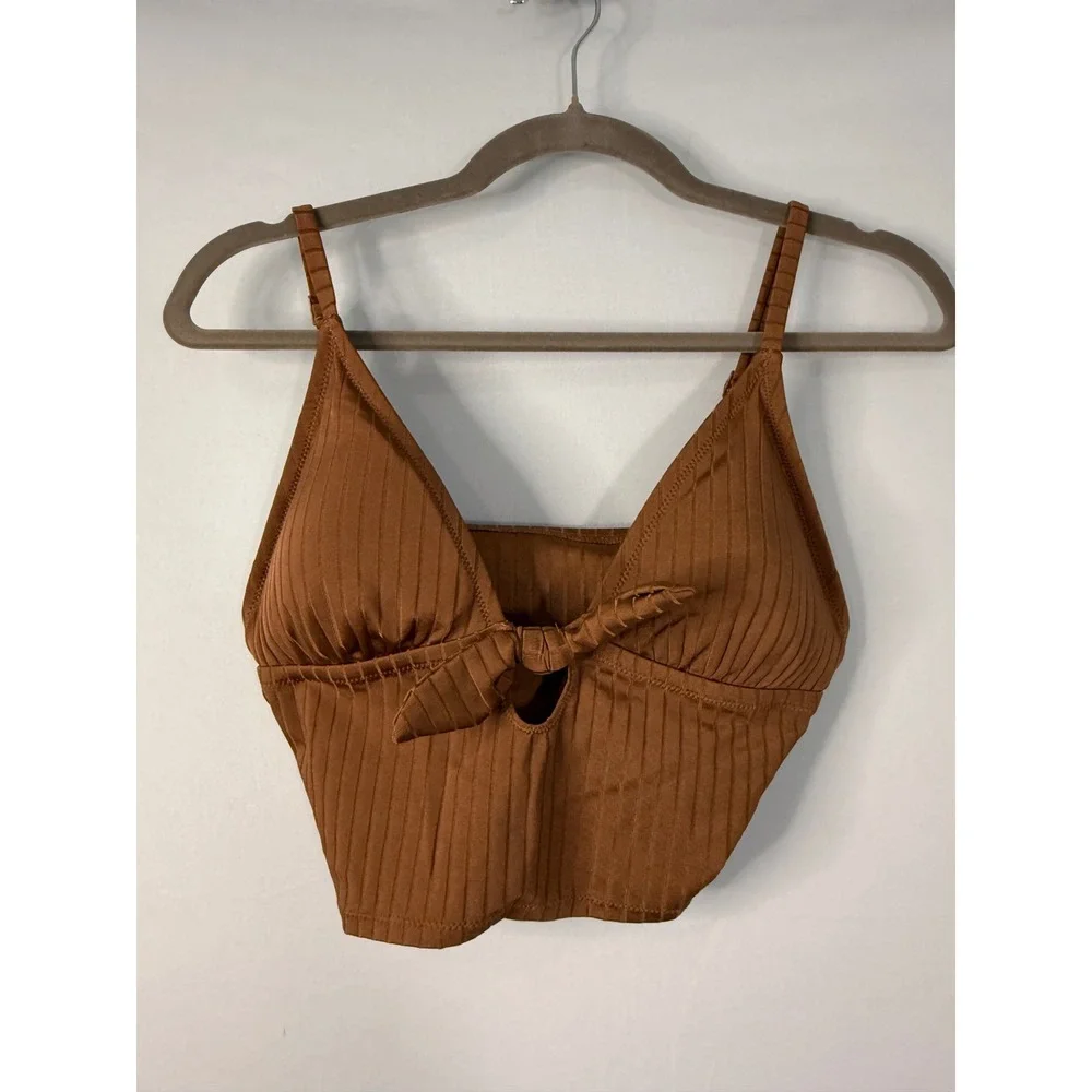 Aerie Ribbed Front Tie Crop Top Large‎ Brown Bronze Keyhole Adjustable Straps
